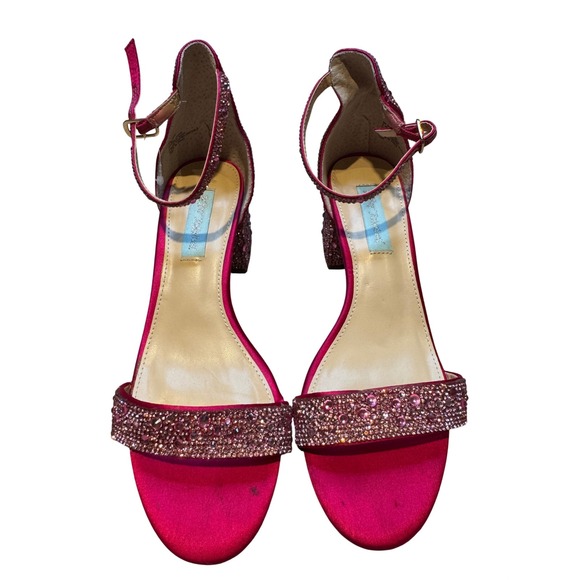 Betsey Johnson Shoes - Betsey Johnson SB-MARI Fuchsia Pink Satin Rhinestone Block Heel Sandals Size 8.5